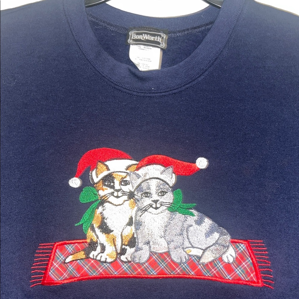 🔥 NEW vintage BON WORTH Christmas cats EMBROIDERED SWEATSHIRT L tabby calico